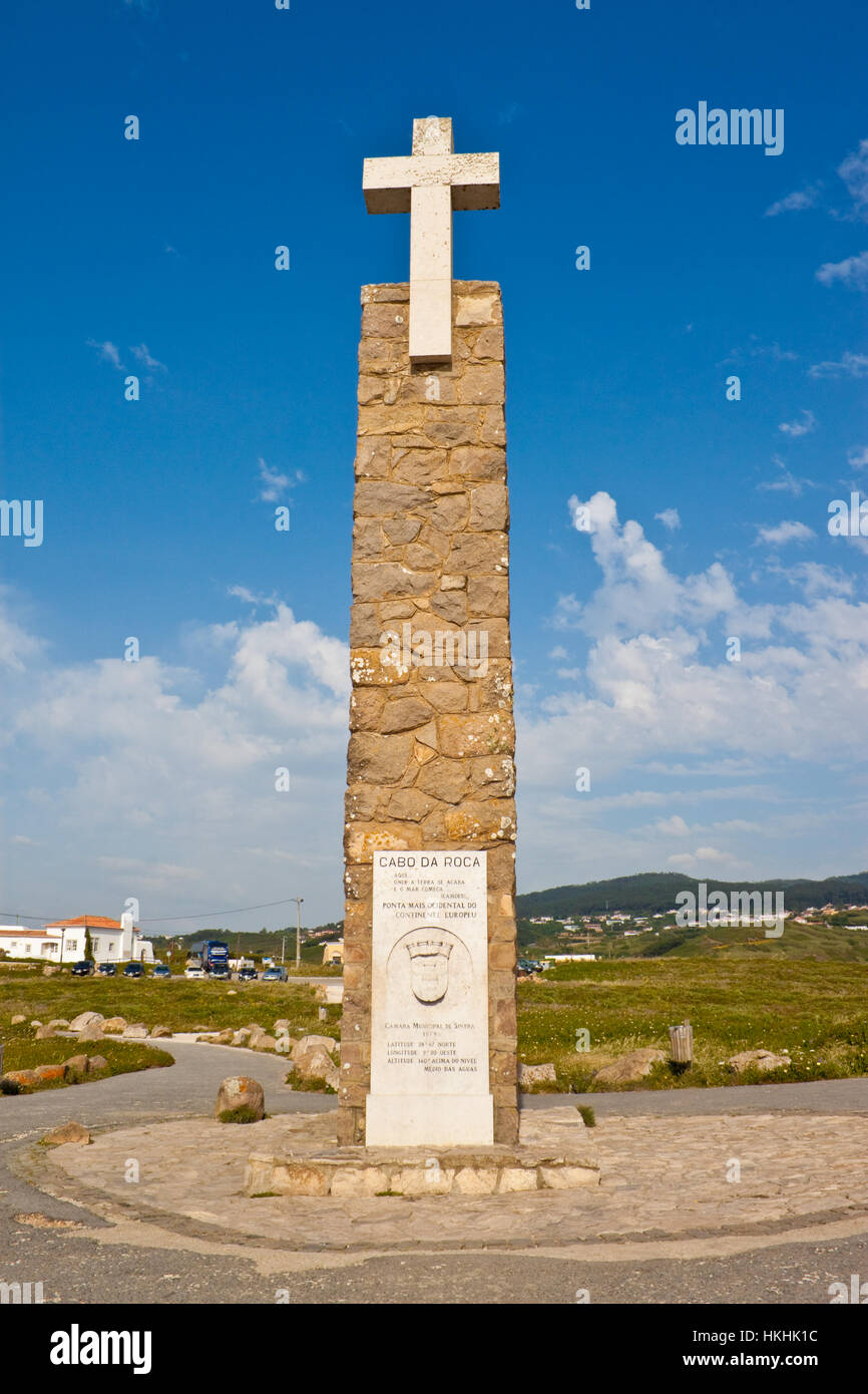 Cross on Cabo da Roca (Cape Roca), Portugal - the most western point of european continent. Stock Photo