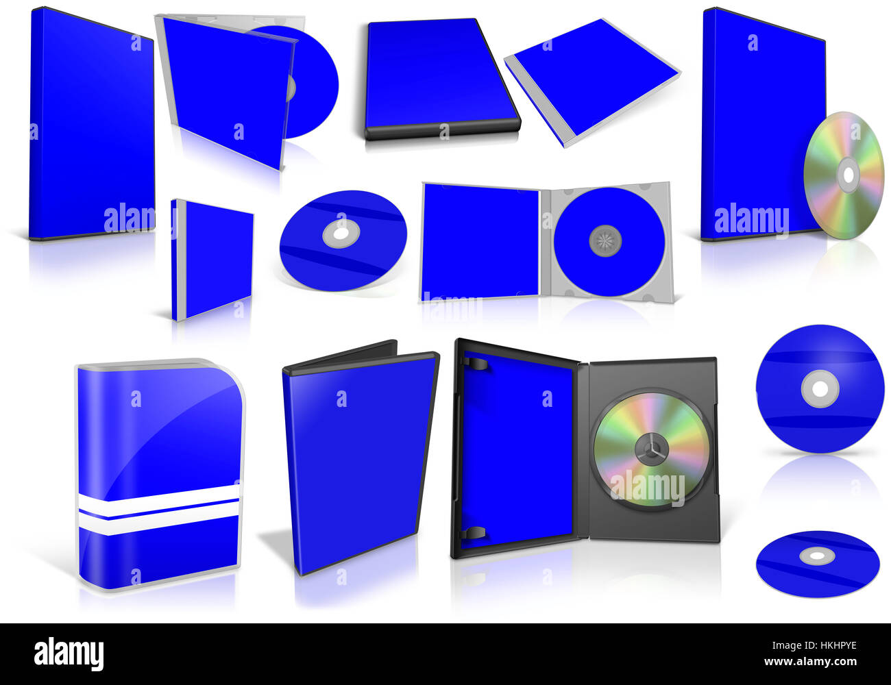 Blue multimedia disks and boxes on white background. Ready to be