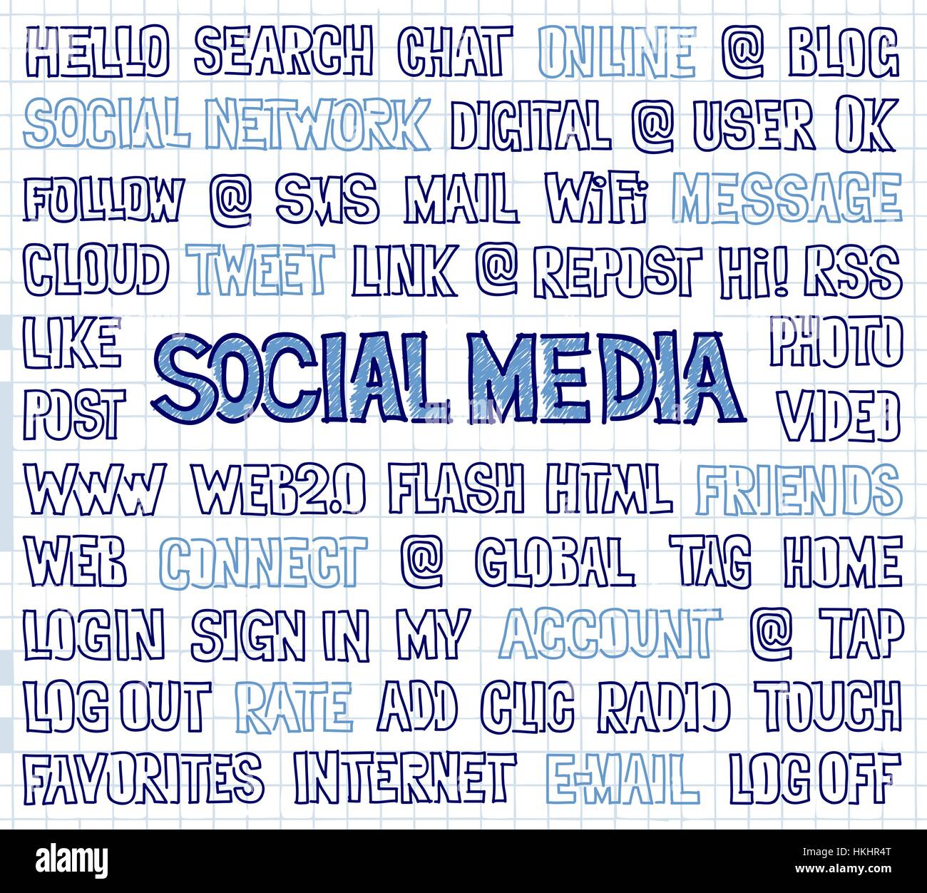 Hand Written Social Media Words, Tags, and Labels on Squared Paper Stock Vector