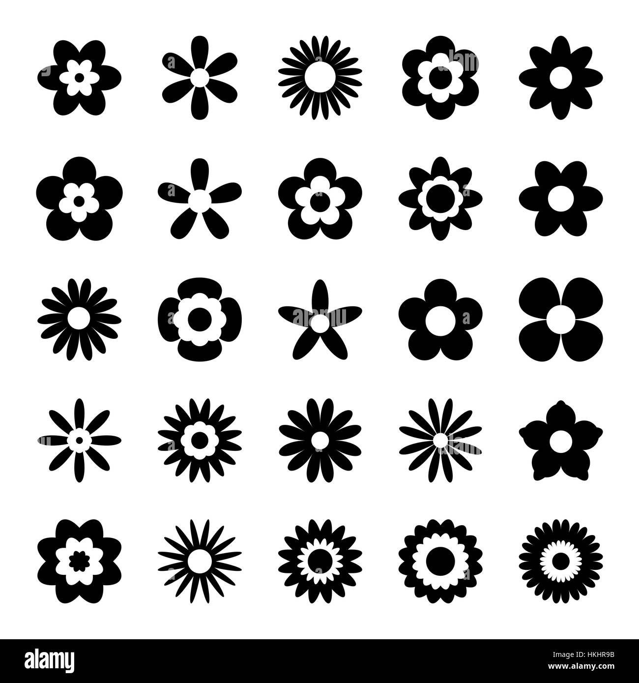 Set of Black Flower Icons Isolated on White Stock Vector