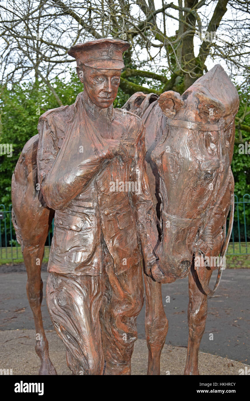 War memorial statue of a soldier and warhorse by artist Amy Goodman. In