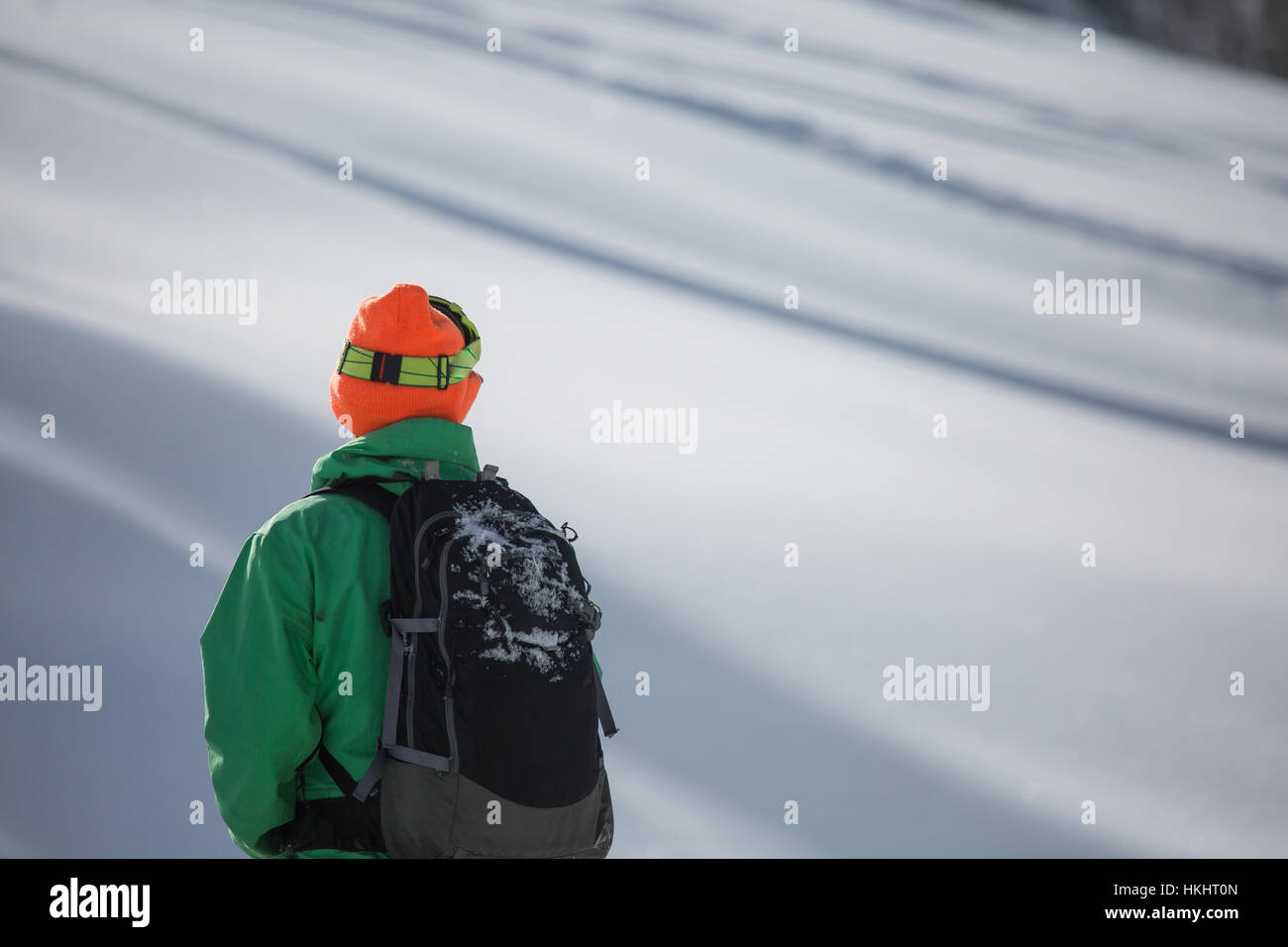a man in bright ski gear against a snowy winter landscape in steamboat springs, colorado Stock Photo