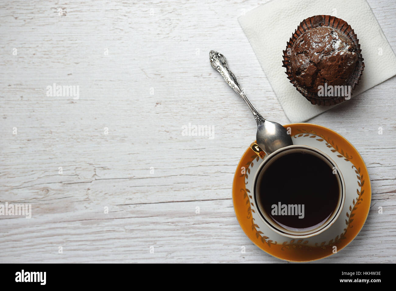 black tea with cup cake on wood table Stock Photo