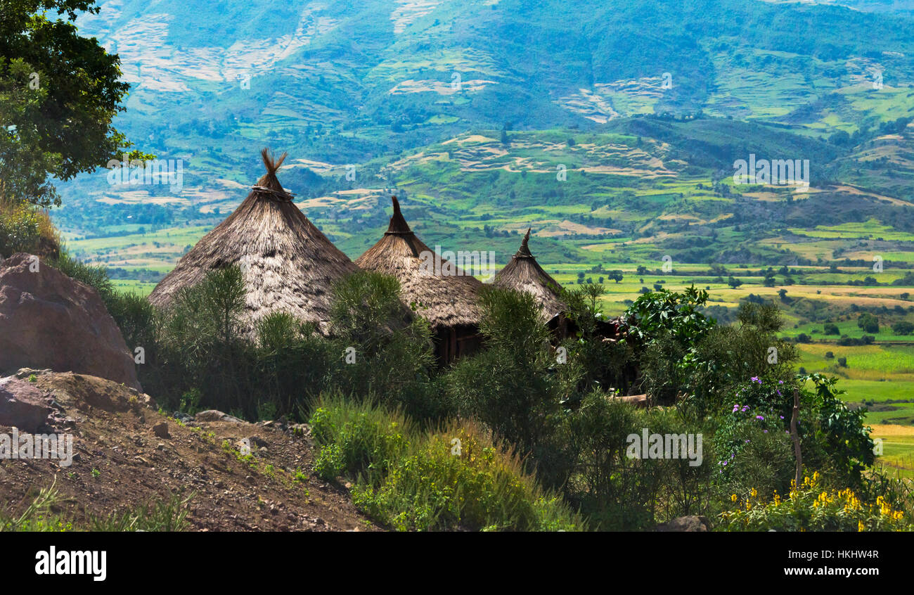 Traditional houses with thatched roof in the mountain, Lalibela, Ethiopia Stock Photo