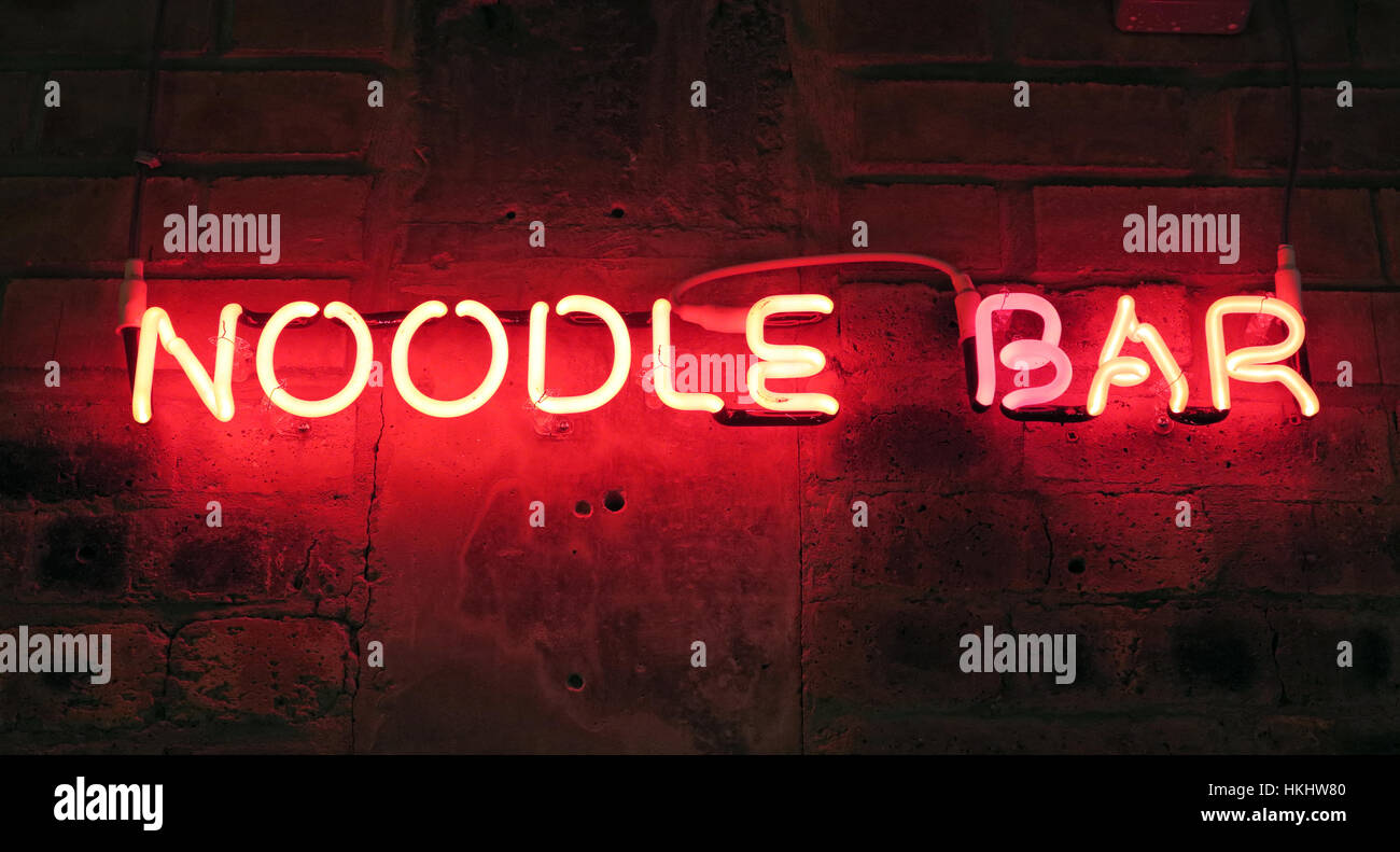 Noodle Bar, red Neon Sign in Glasgow city centre, Scotland, UK Stock Photo