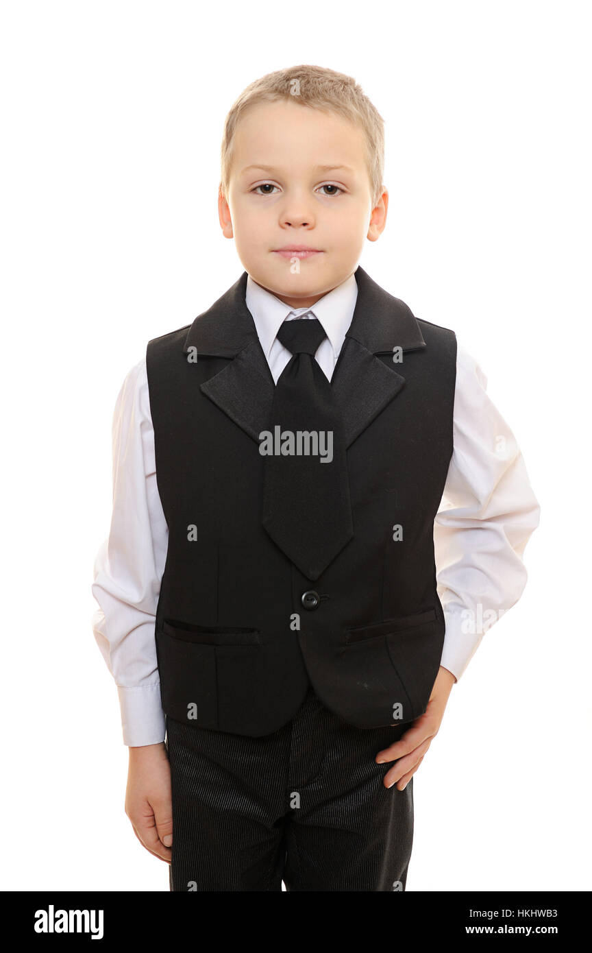 boy boss in black suit isolated on white Stock Photo