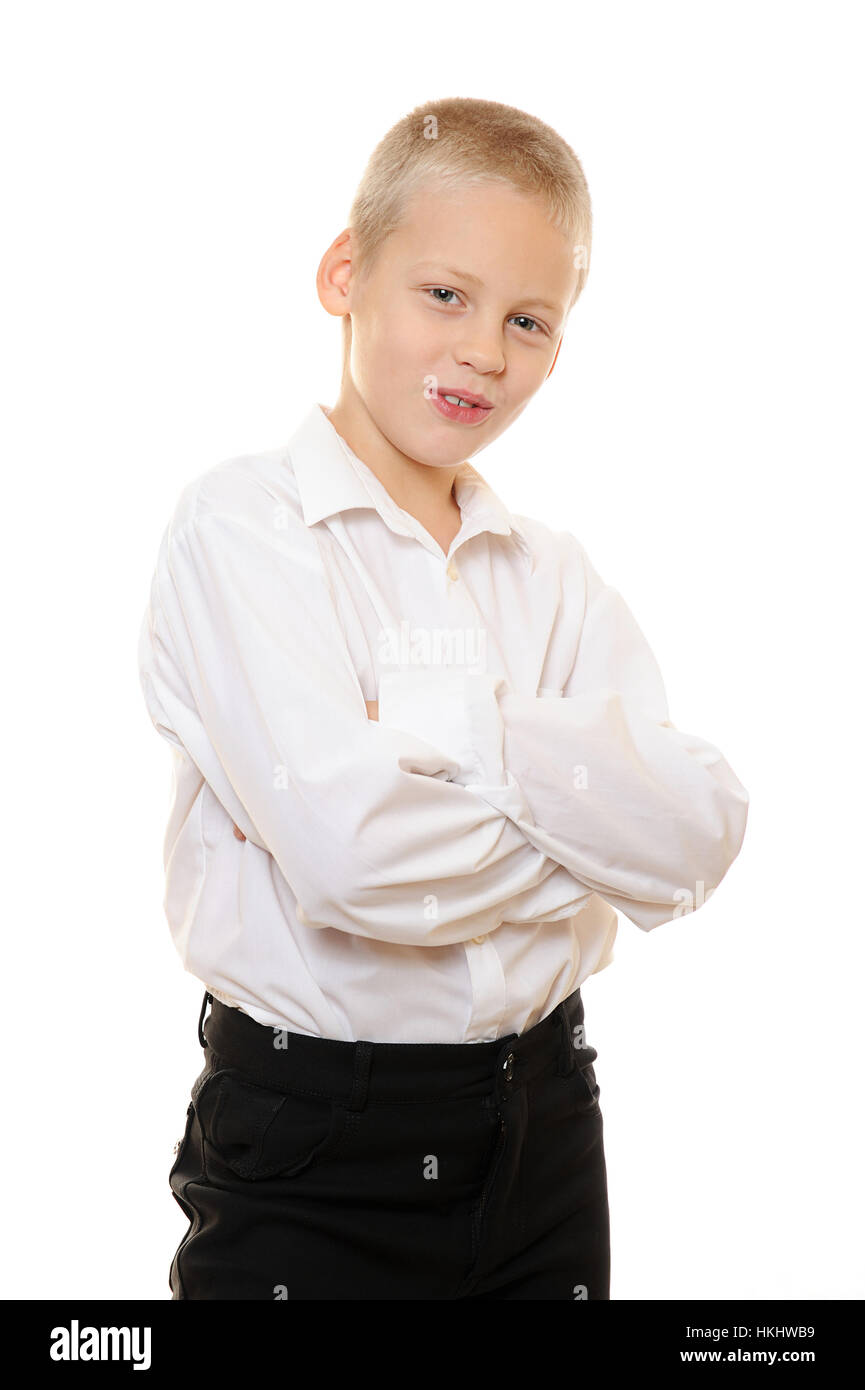 boy kid cross arm on white isolated Stock Photo