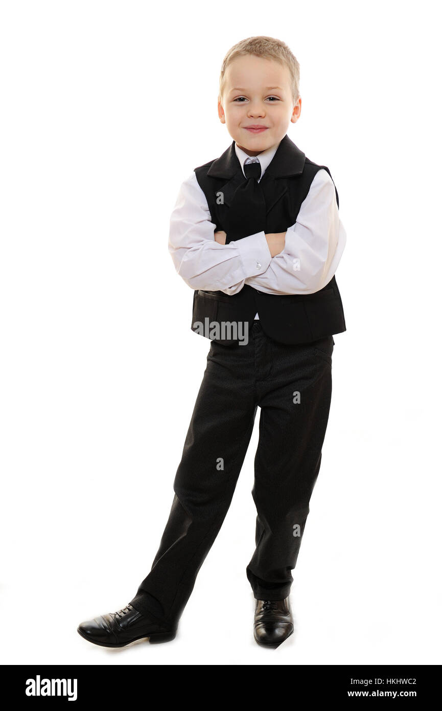 boy in suit smile isolated on white full length Stock Photo
