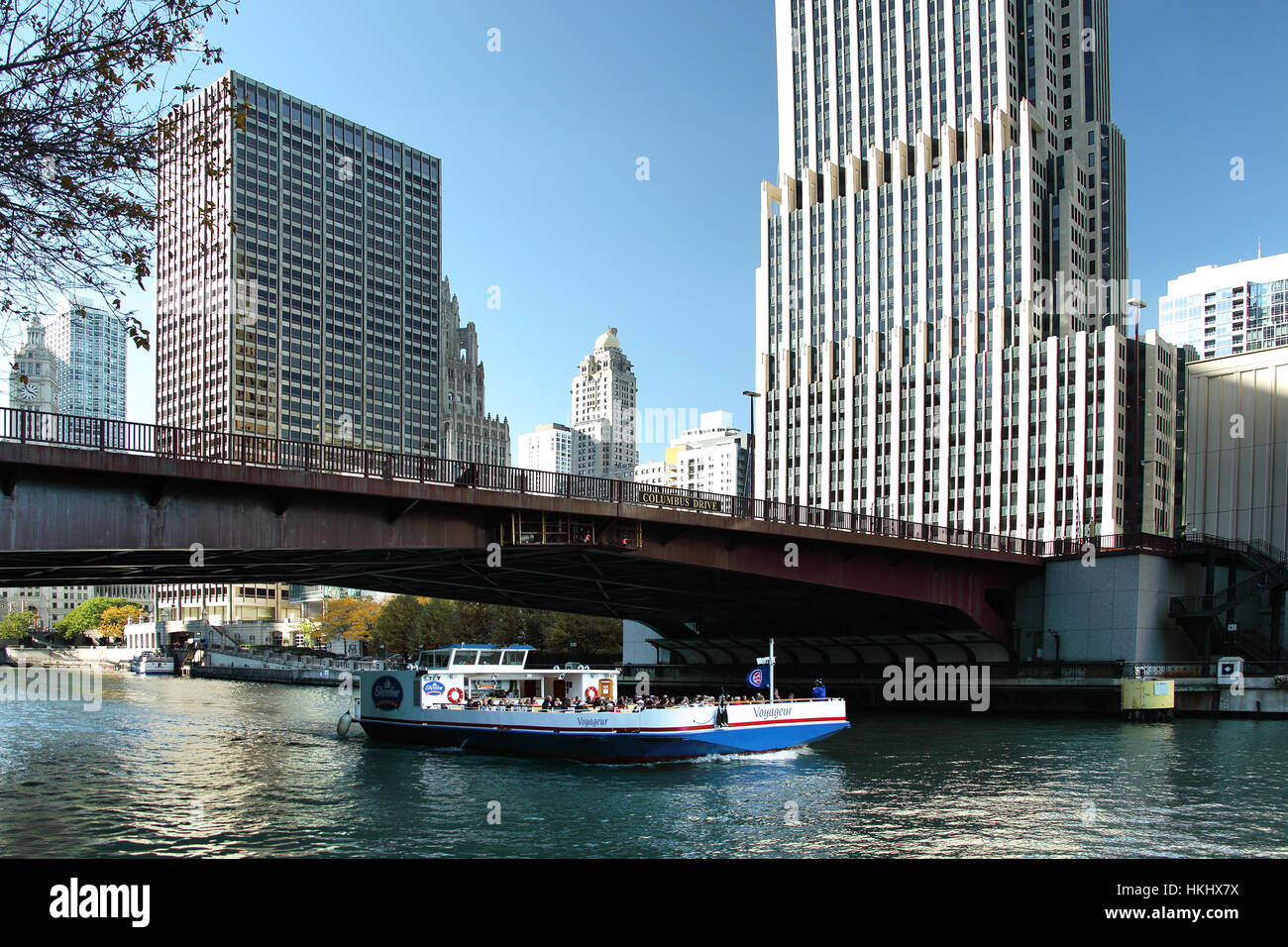 Willis Tower Chicago and the river with a tourist boat Stock Photo