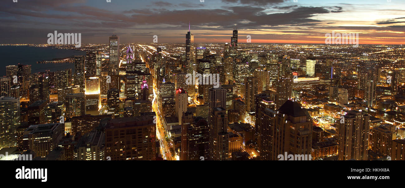 Atmospheric scene of Chicago at night showing Michigan Avenue and ...