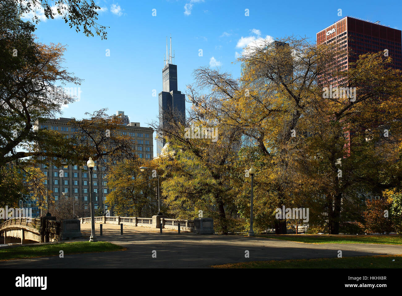 Grant Park Chicago and the Willis Tower with autumn blue sky Stock Photo
