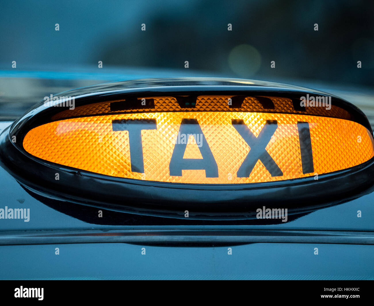 London Taxi Black Cab Illuminated Sign, London UK Stock Photo