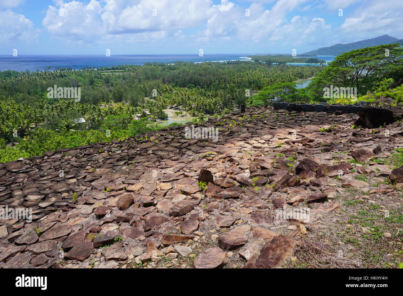 French Polynesia Huahine island ancient stone structure with viewpoint, marae Paepae Ofata, Pacific ocean Stock Photo