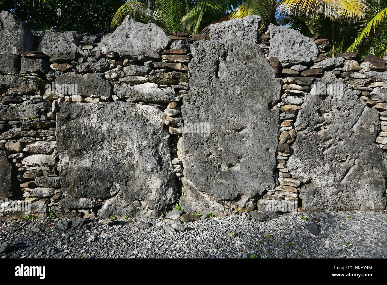 French Polynesia ancient stone structure, marae Manunu on the motu Maeva, Huahine island Stock Photo