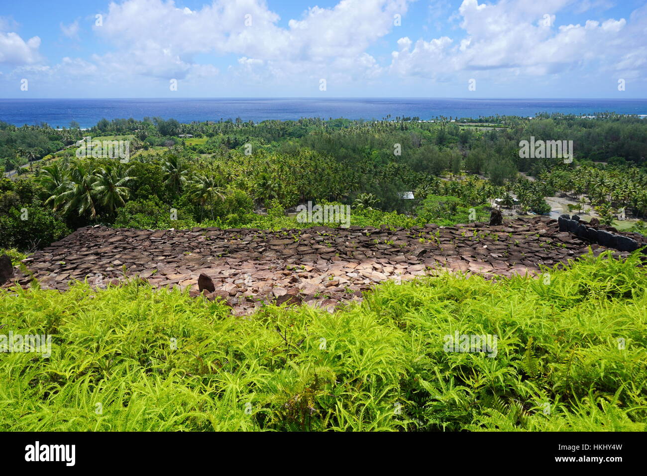 Viewpoint on Huahine island, an ancient stone structure with green vegetation and the Pacific ocean in background, marae Paepae Ofata, French Polynesi Stock Photo