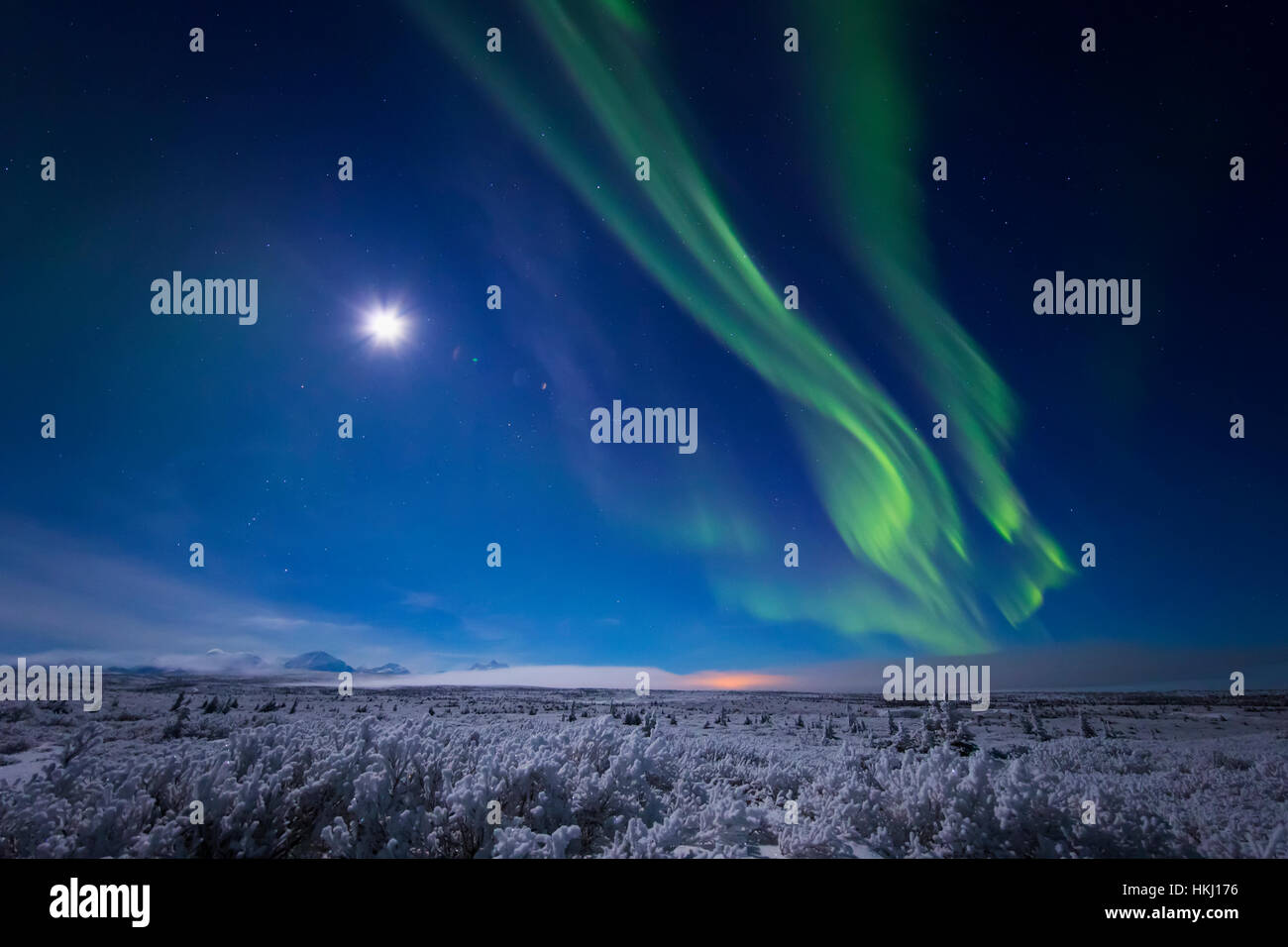 The Aurora Borealis And A Nearly Full Moon Compete In The Night Sky ...