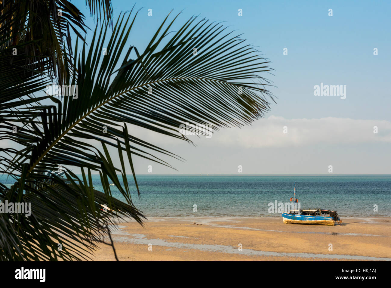 Dhow in low tide, Vilanculos beach, Bazaruto Archipelago; Mozambique Stock Photo