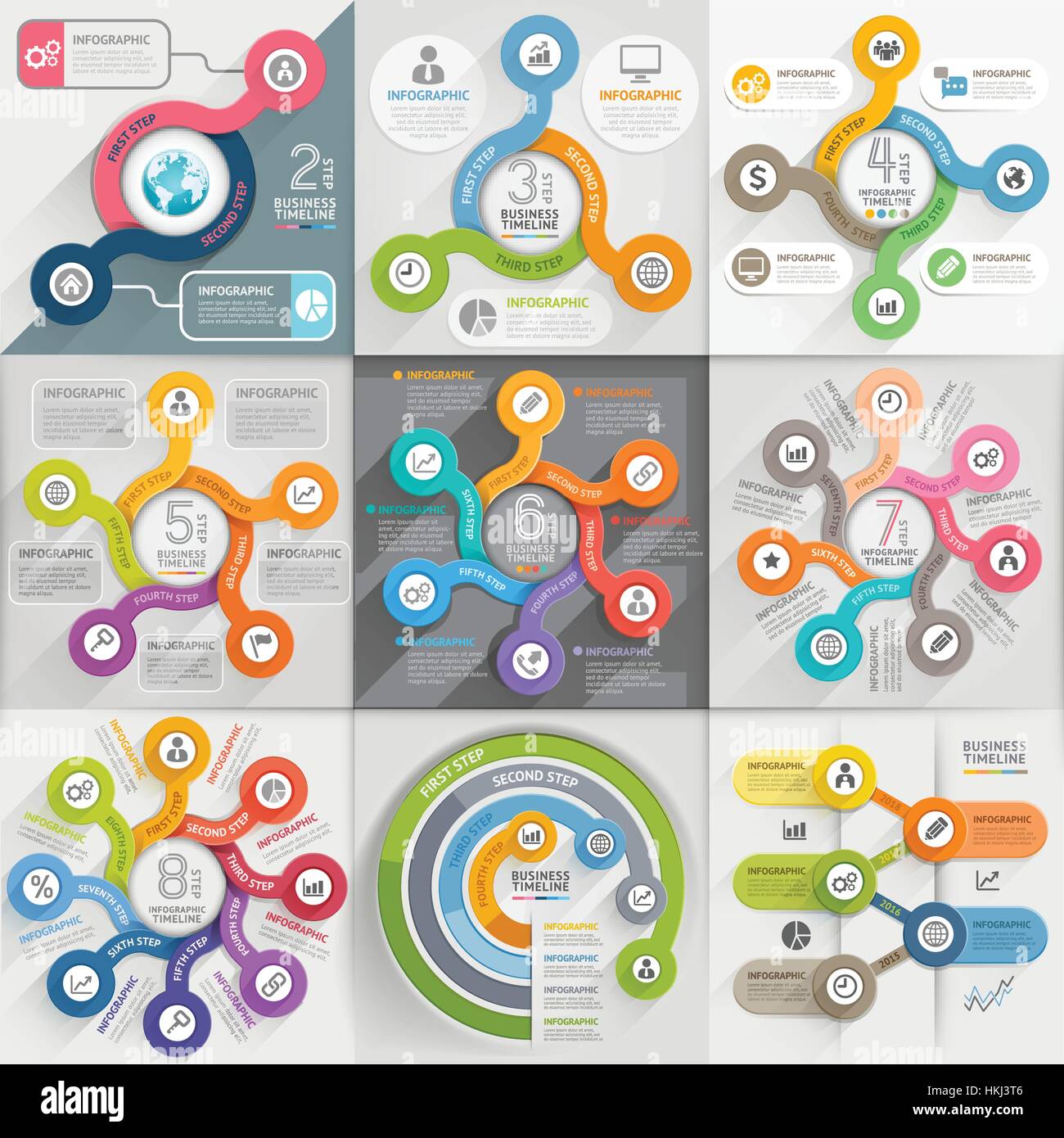 Infographics template set. Vector illustration. can be used for workflow layout, banner, diagram, number options, web design, timeline elements Stock Vector