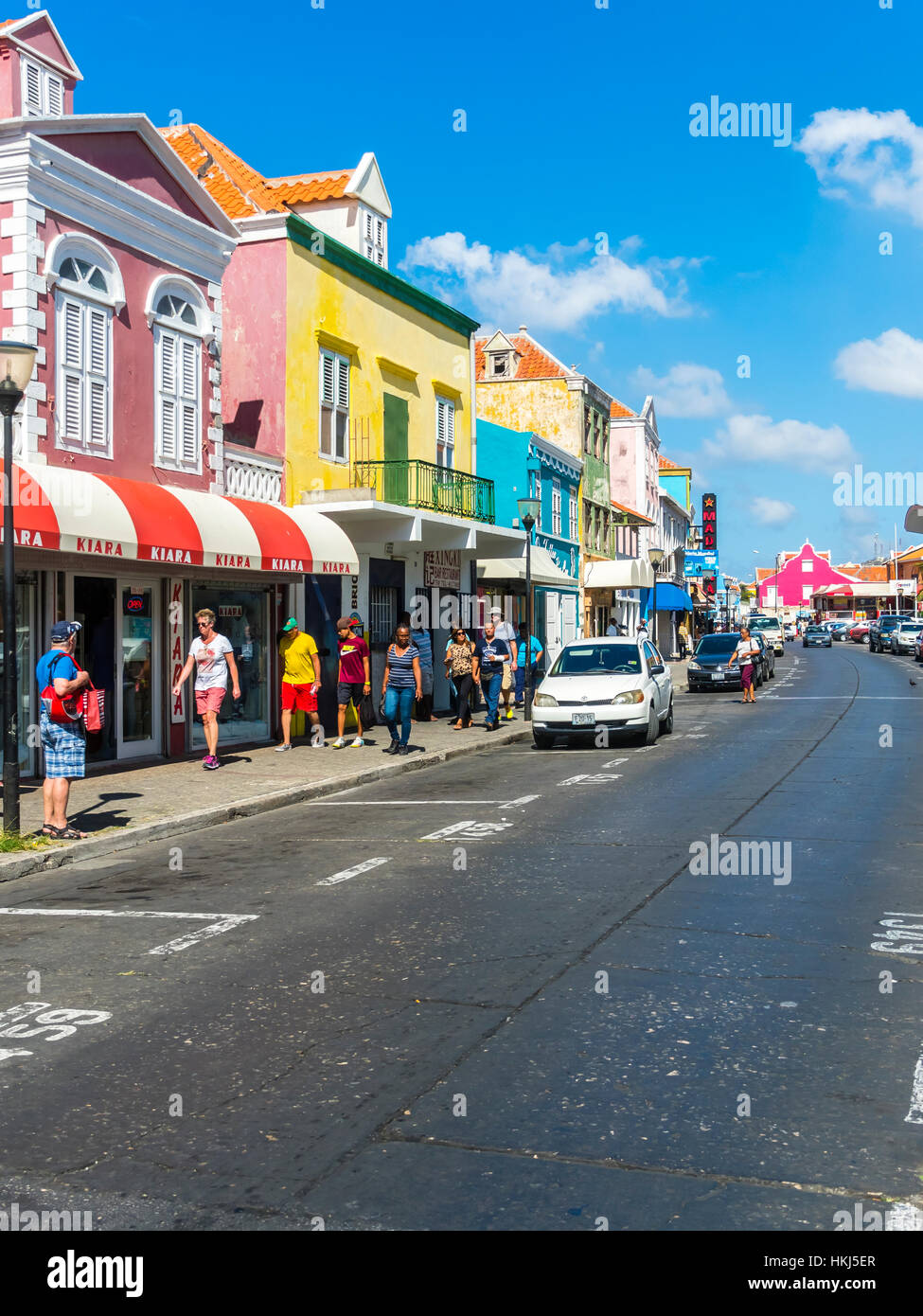 Colorful row of houses in Dutch-Caribbean colonial style, shopping street, Alley district, Willemstad, Caribbean, Curacao Stock Photo