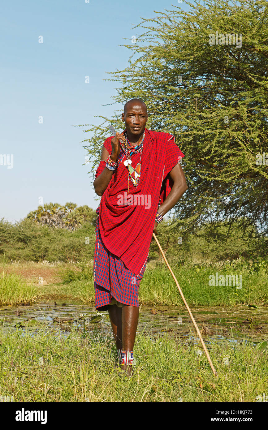 Male Maasai in traditional Shuka clothing with shepherd's crook