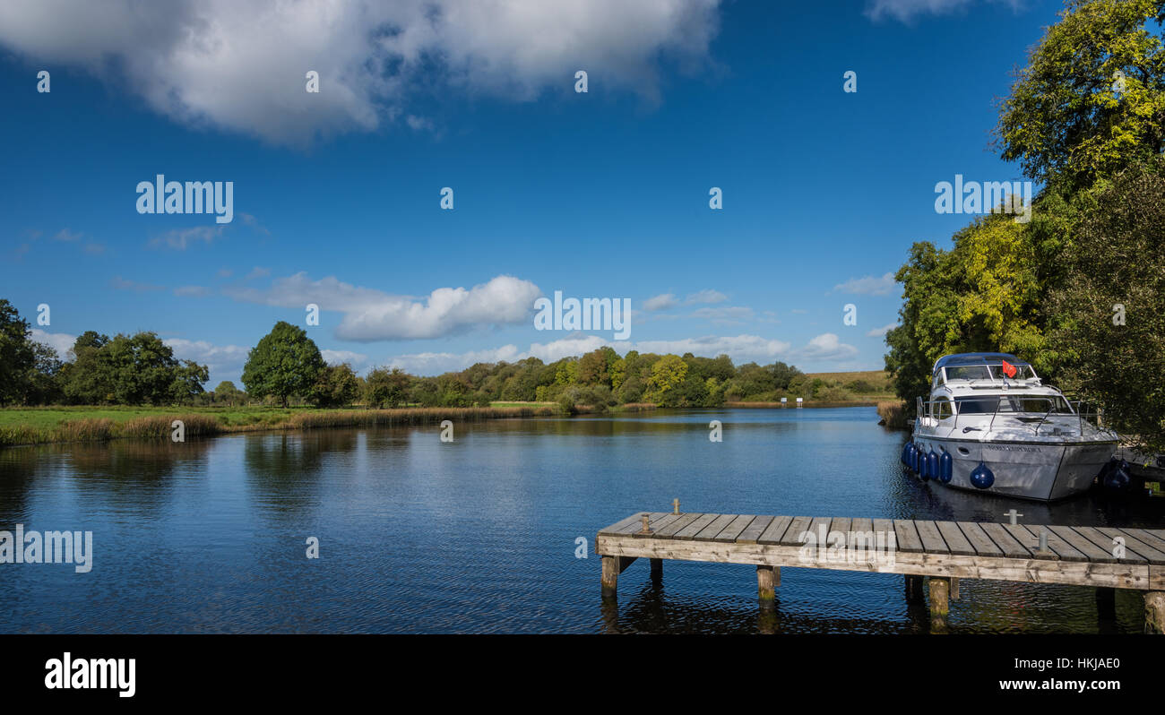 Motor boat moored at Tully Inishmore, Upper Lough Erne, County Fermanagh, Northern Ireland. Stock Photo