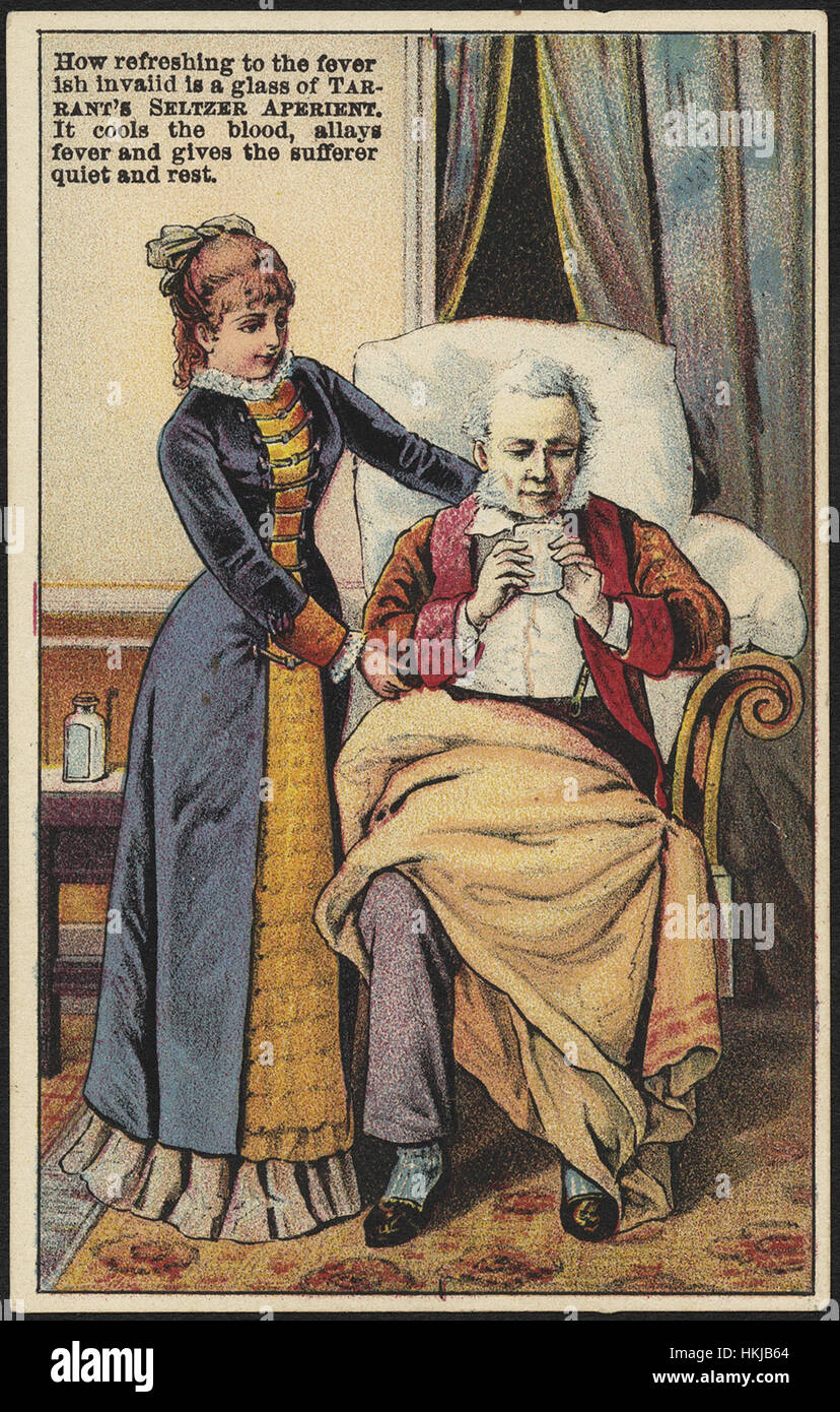 How refreshing to the feverish invalid is a glass of Tarrant's Seltzer Aperient. It cools the blood, allays fever and gives the sufferer quiet and rest. (front) Stock Photo