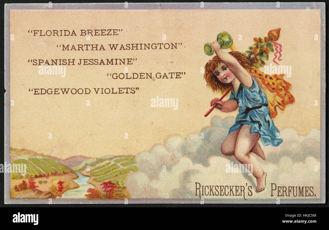 Florida Breeze' 'Martha Washington' 'Spanish Jasmine' 'Golden Gate' 'Edgewood Violets' Ricksecker's Perfumes. Stock Photo