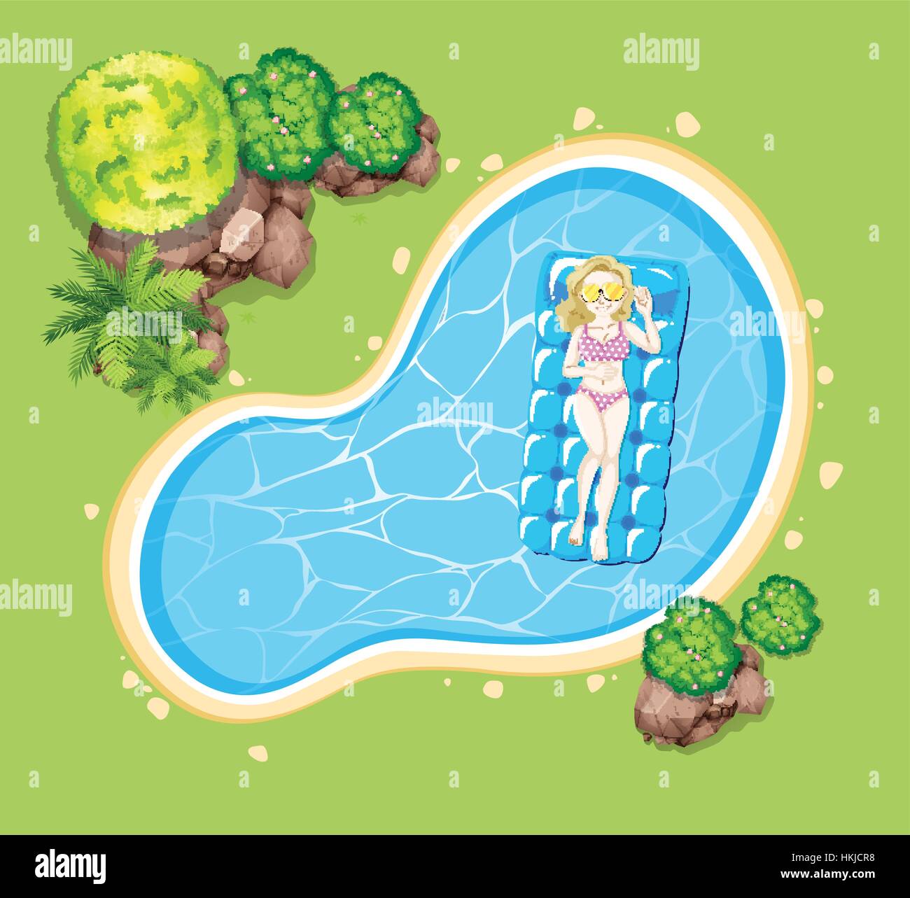 Woman on floating raft in the pool illustration Stock Vector