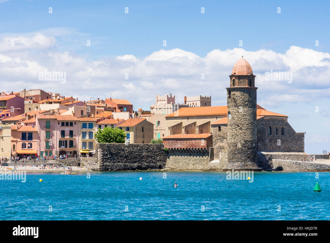 Views of the old town and the bell tower and Church of Notre Dame des Anges, Collioure, Côte Vermeille, France Stock Photo