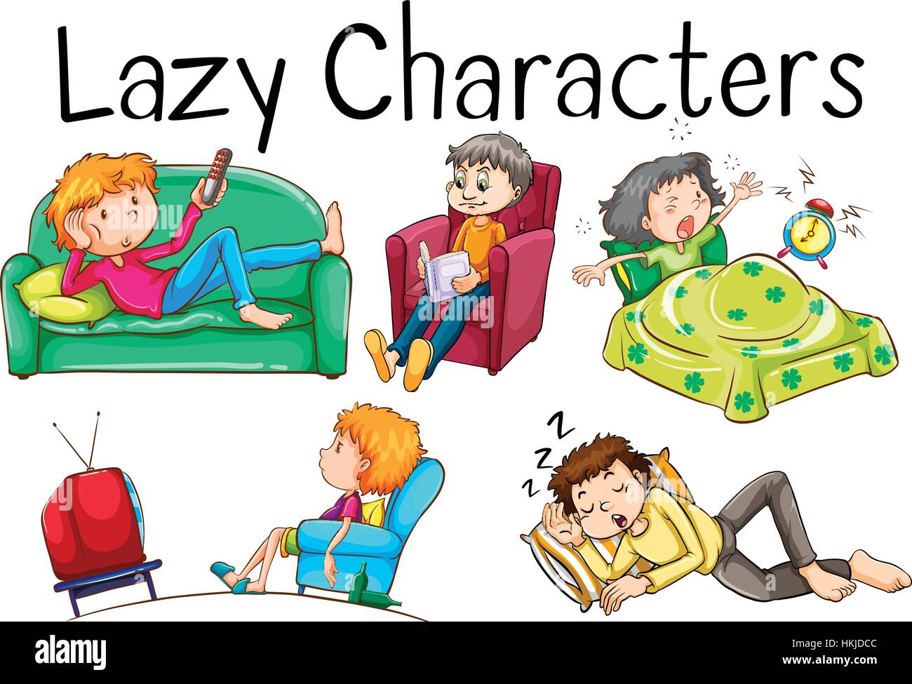 Lazy people doing boring activities illustration Stock Vector