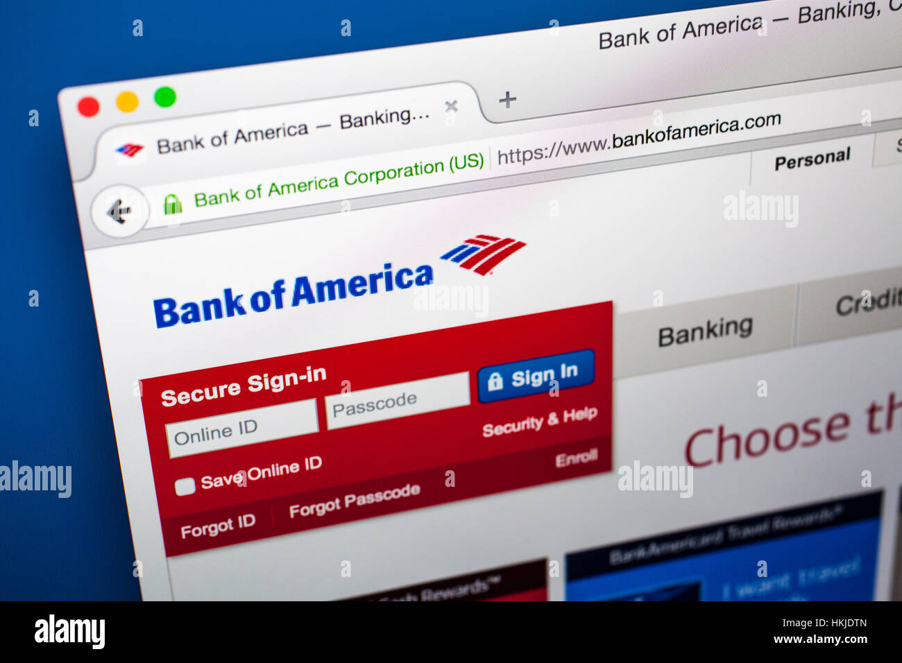 LONDON, UK - OCTOBER 2015: The homepage of the official Bank of America website, on 21st October 2015. Stock Photo