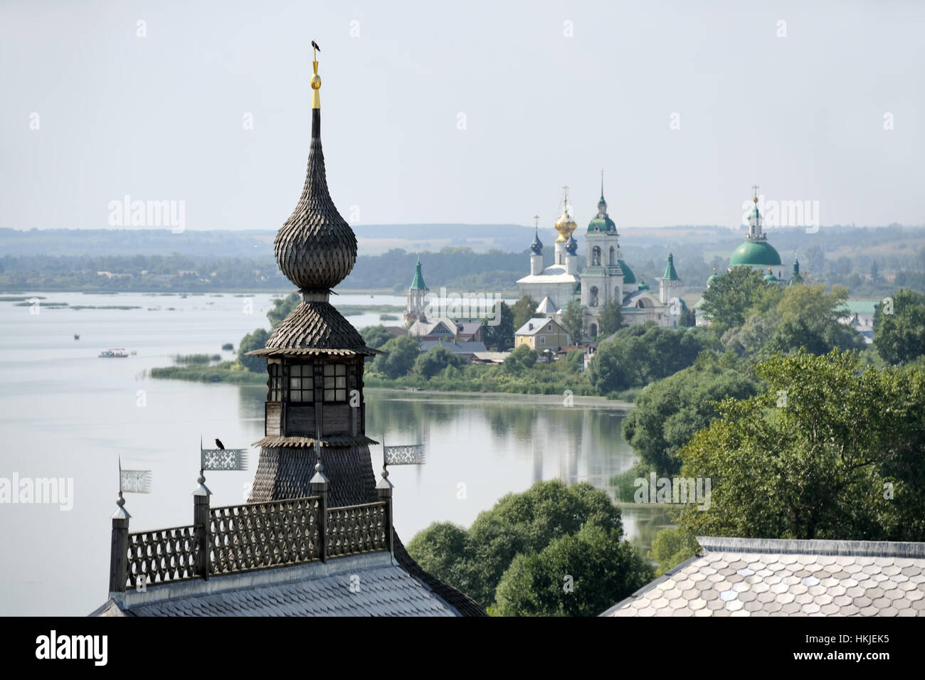 = In This Land of Rostov the Great =  The scenic view from the observation deck of the Water Tower in Rostov Kremlin on the lake Nero and Spaso-Yakovl Stock Photo