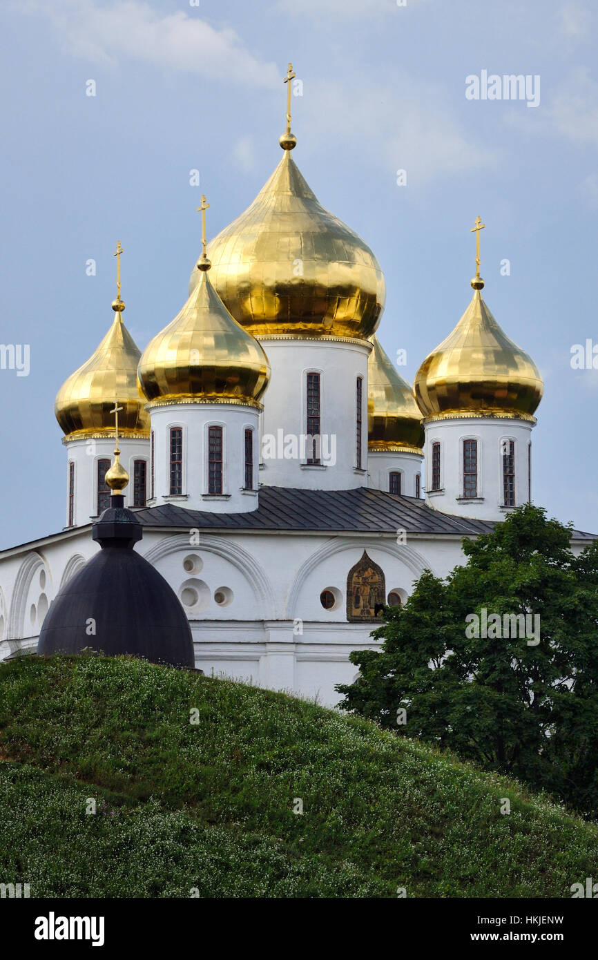 = Magnificent Golden Domes of Assumption Cathedral in Dmitrov =  Here you can see the beautiful domes of the Assumption Cathedral in Dmitrov’s kremlin Stock Photo