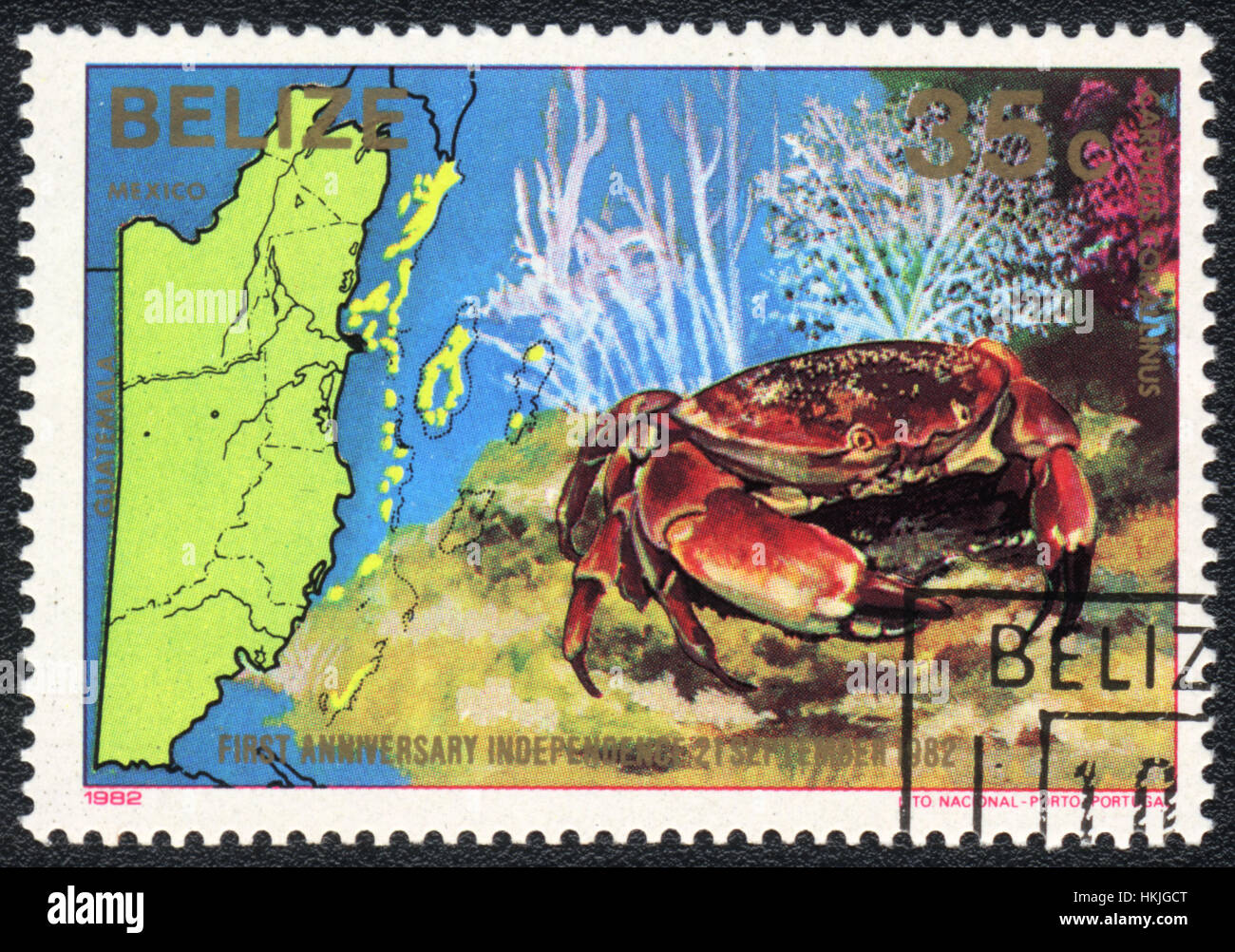 A postage stamp printed in Belize    shows a Crab (Carpilius corallinus),  series First anniversary independence 21 september 1982 Stock Photo