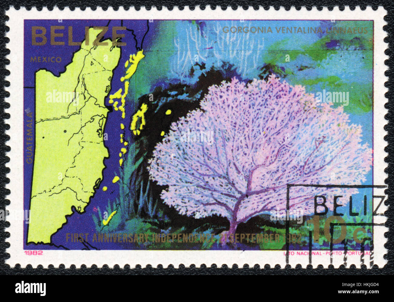 A postage stamp printed in Belize   shows a Gorgonia ventalina linnaeus,  series First anniversary independence 21 september 1982 'Sea fauna and flora Stock Photo