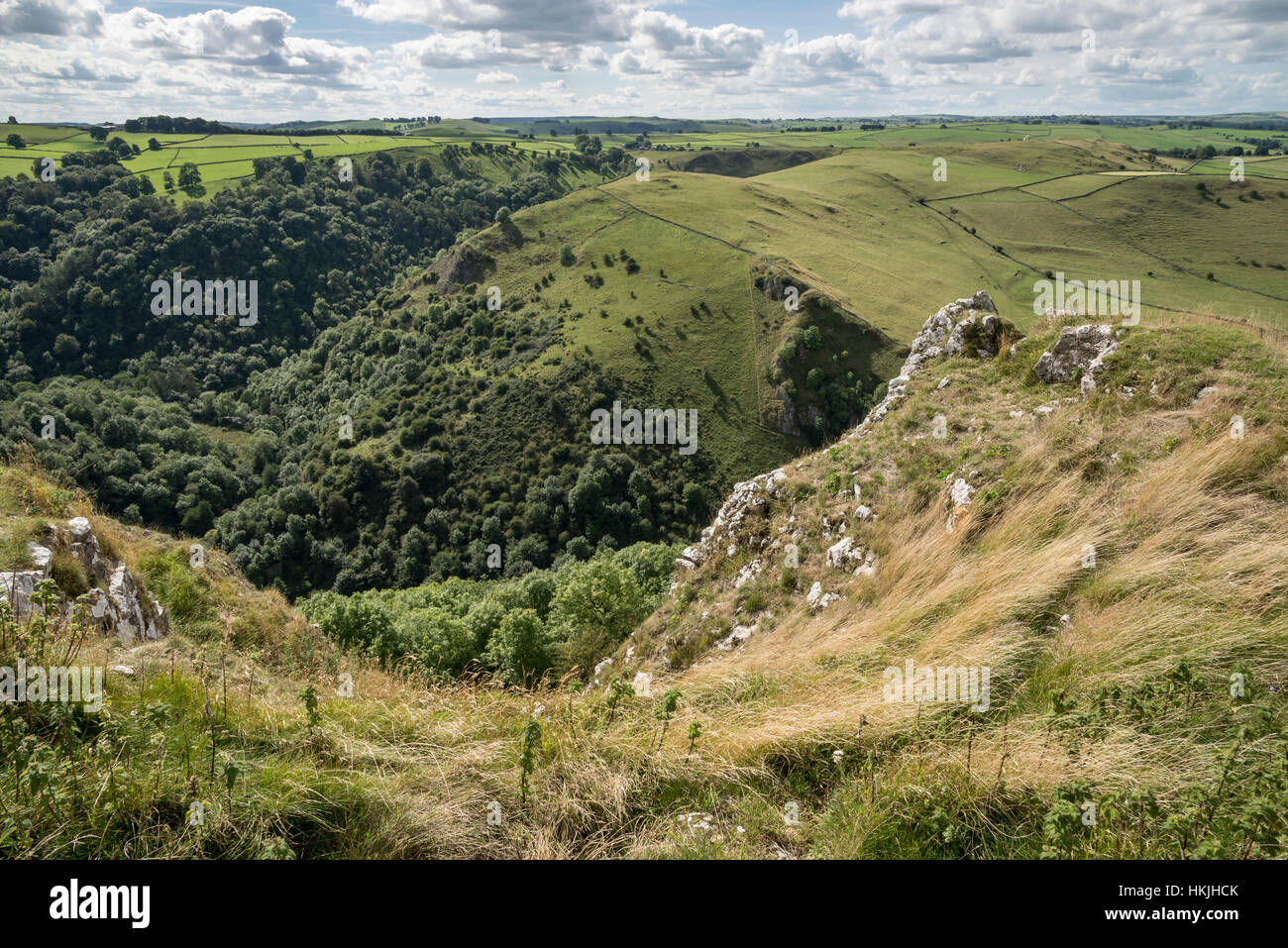 Beautiful summer day in the White Peak area of the Peak District national park, Derbyshire. View from hilltop above Dovedale. Stock Photo