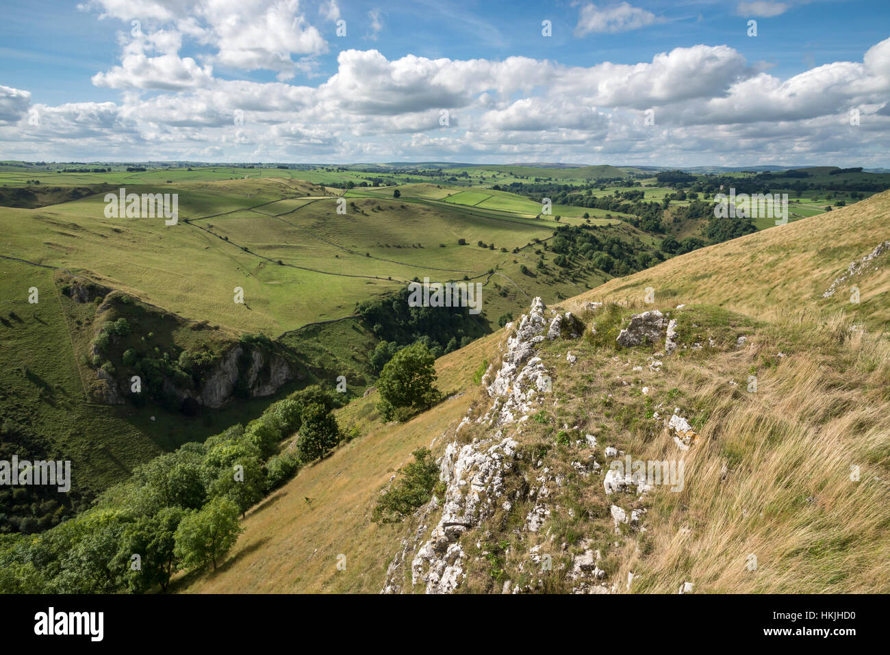Beautiful summer day in the White Peak area of the Peak District national park, Derbyshire. View from hilltop above Dovedale. Stock Photo
