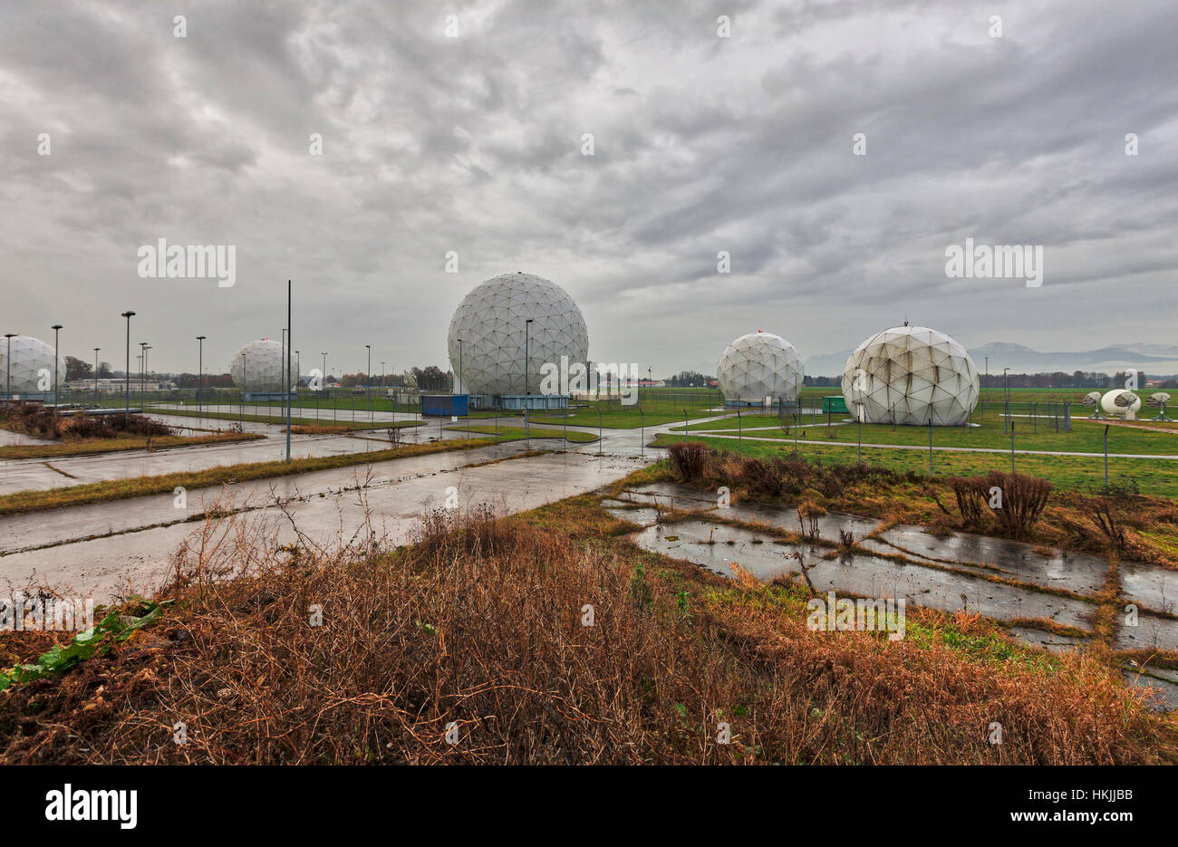 Radar Dome against cloudy sky at Bad Aibling Station, Bavaria, Germany Stock Photo