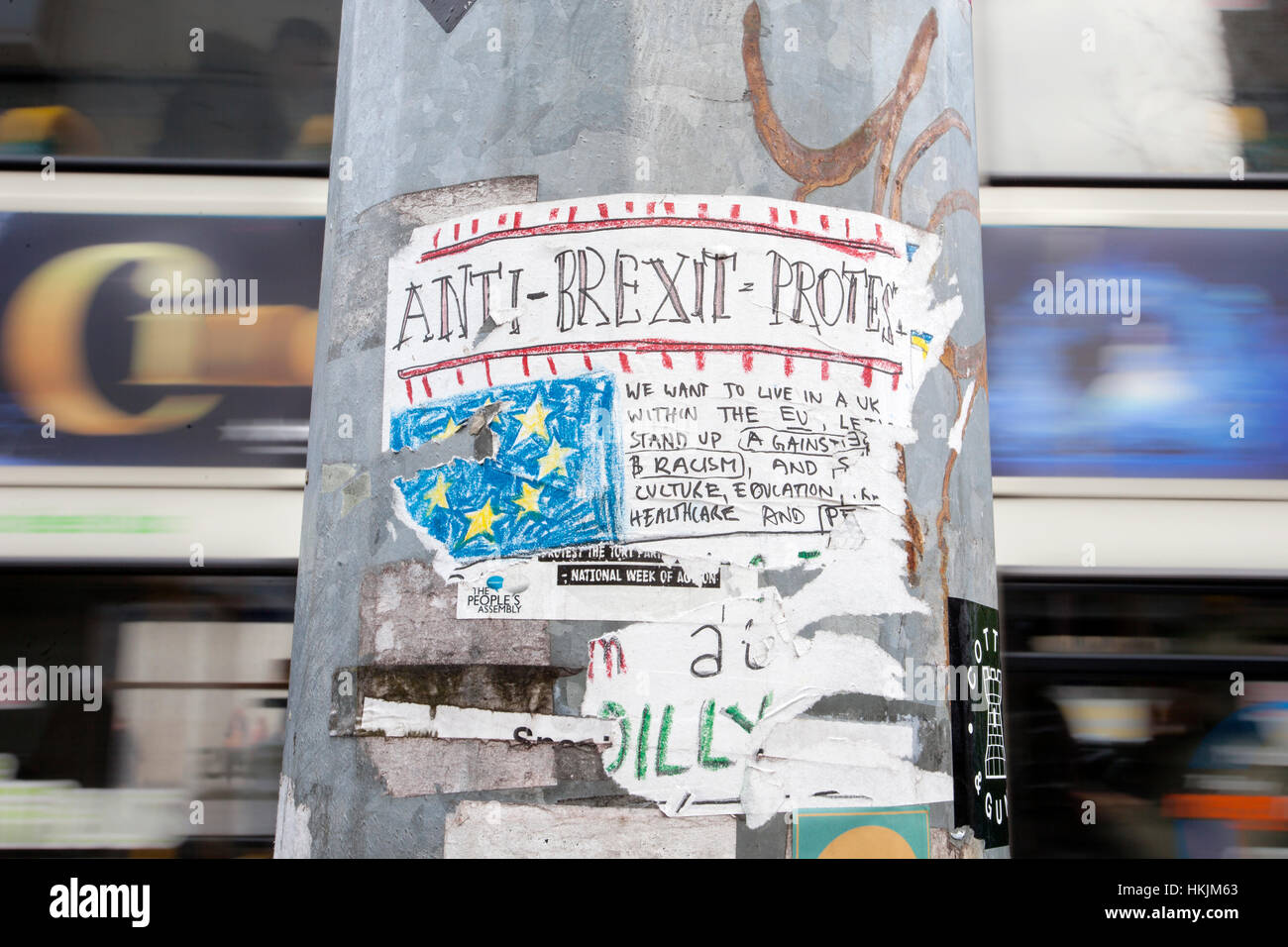 Anti-Brexit sticker fixed to lamp post in Manchester, Call for Action with stickers in Manchester, UK Stock Photo