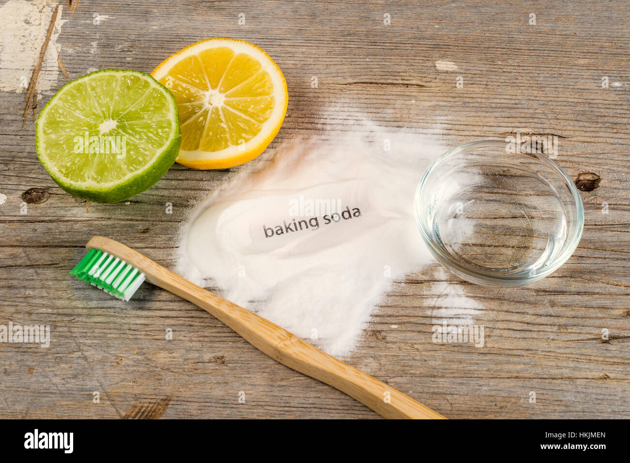 Baking soda, water, lemon, sponge and toothbrush Stock Photo Alamy