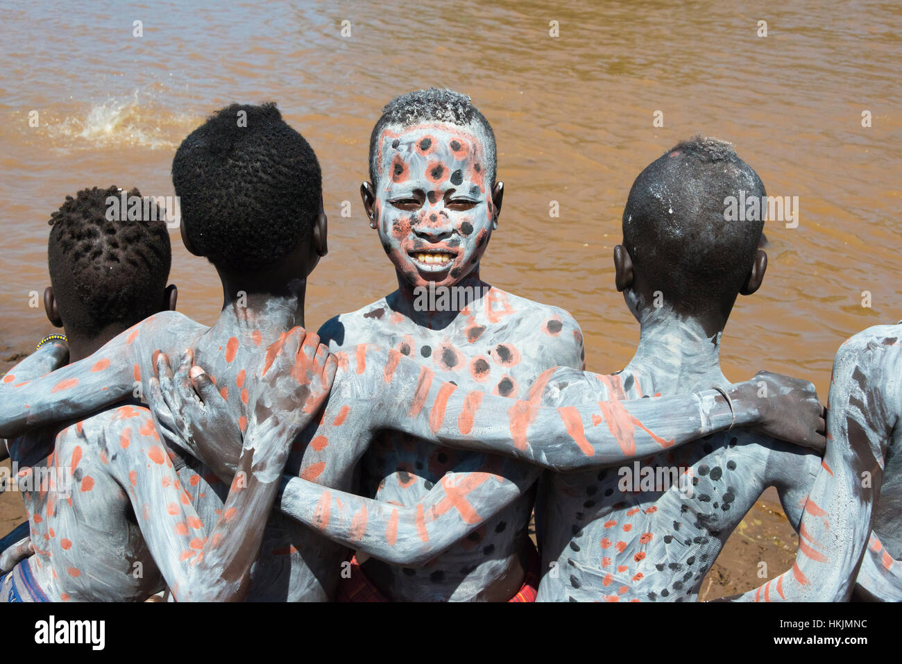 Kara tribe boy with painted face and body by Lower Omo River, South Omo, Ethiopia Stock Photo