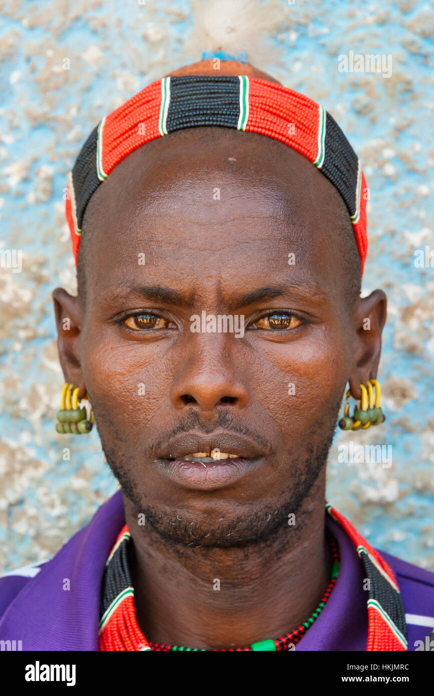 Hamar tribe people at Dimeka Market, South Omo, Ethiopia Stock Photo