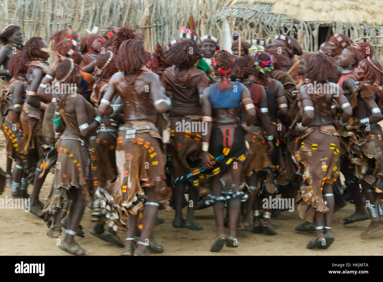 Evan Gadi (Hamer Dancing), Hamar tribe people dancing at Cattle Jumping, South Omo, Ethiopia Stock Photo