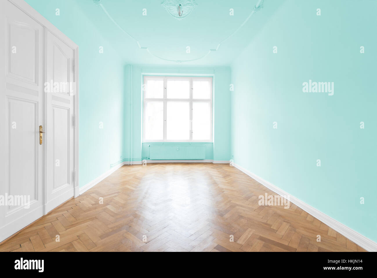 Bright kitchen interior with modern white furniture, pastel mint fridge  Stock Photo by bialasiewicz