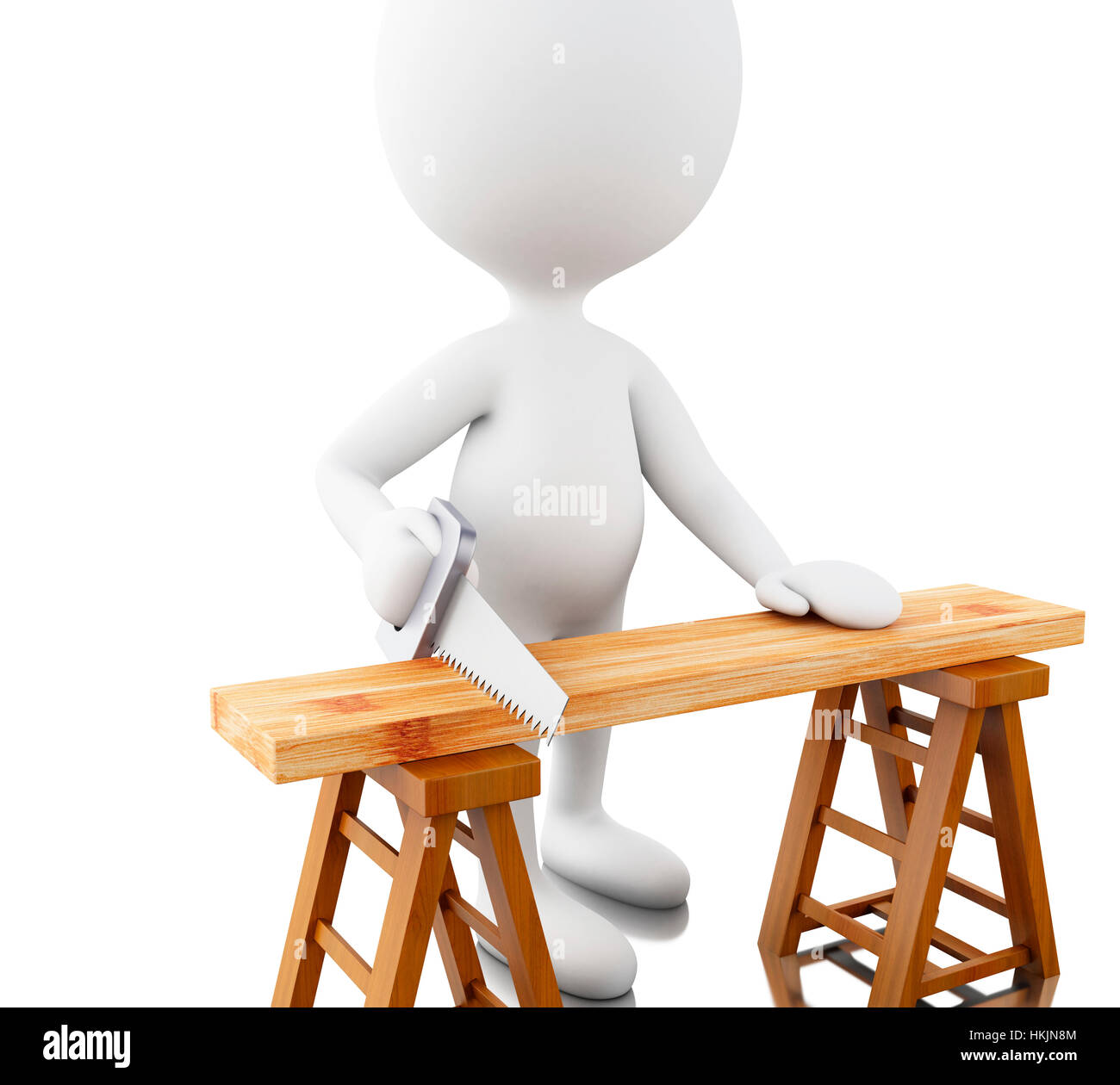 3d renderer image. White people carpenter cutting wood with a handsaw. Isolated white background. Stock Photo