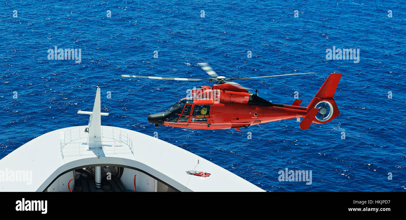 descend device for hospitalization on helicopter for rescue people Stock Photo
