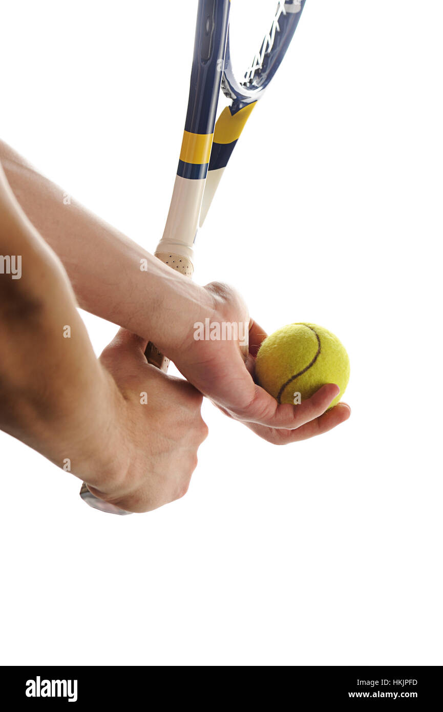 hold tennis ball before serve isolated on white Stock Photo Alamy