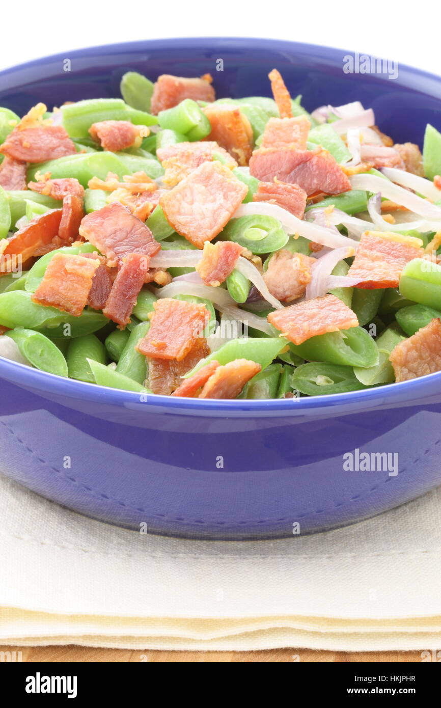 A holiday green bean casserole recipe, made with green beans, bacon or pancetta and sauteed