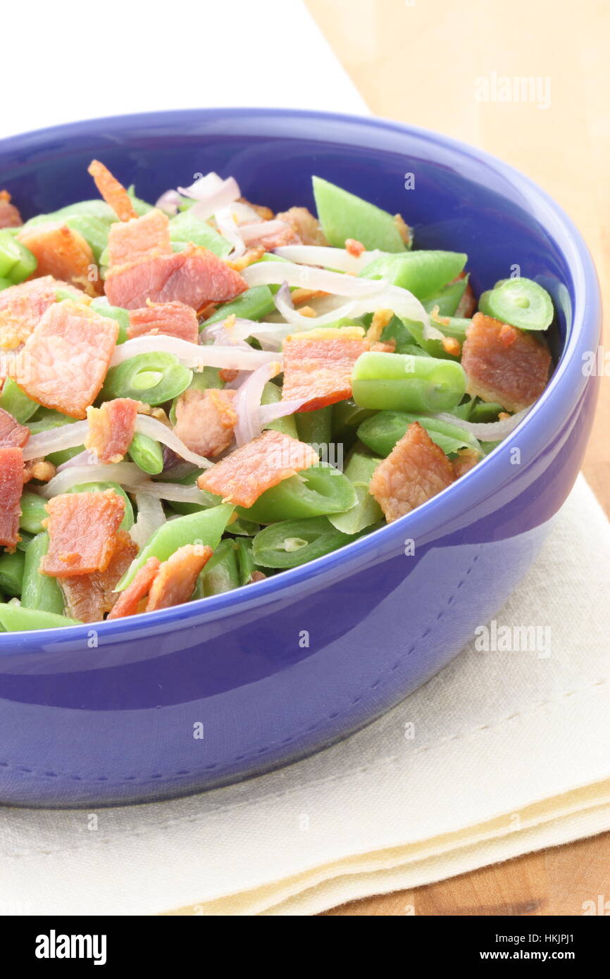 A holiday green bean casserole recipe, made with green beans, bacon or pancetta and sauteed