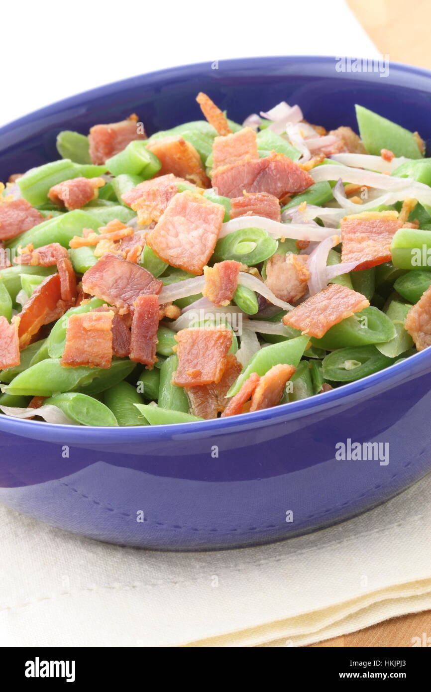 A holiday green bean casserole recipe, made with green beans, bacon or pancetta and sauteed